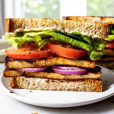 Golden grilled smoky tofu layered between fresh lettuce and ripe tomatoes in a satisfying summer TLT Sandwich