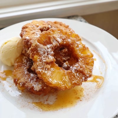 Crispy battered fried pineapple rings drizzled with warm caramel sauce