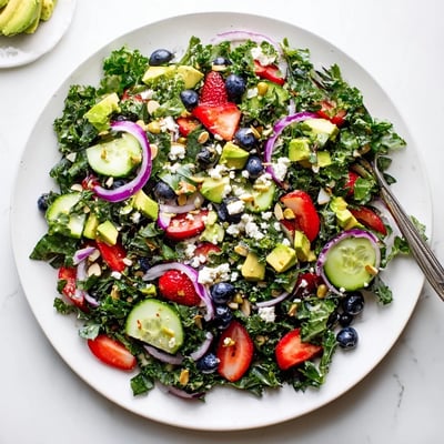 Hearty chopped kale tossed with juicy strawberries and a golden lemon-honey vinaigrette