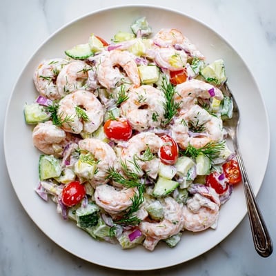 Chilled shrimp salad recipe served over leafy greens with fresh dill and red onion