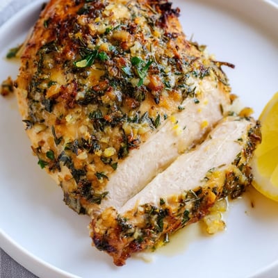 Savory garlic herb chicken sliced open revealing juicy meat topped with lemon wedges