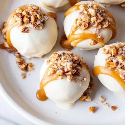 Golden-dipped salted caramel pretzel cheesecake balls topped with crunchy crushed pretzels and sea salt