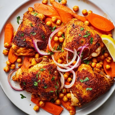 Tangy sumac chicken served over tender roasted carrots and crispy chickpeas