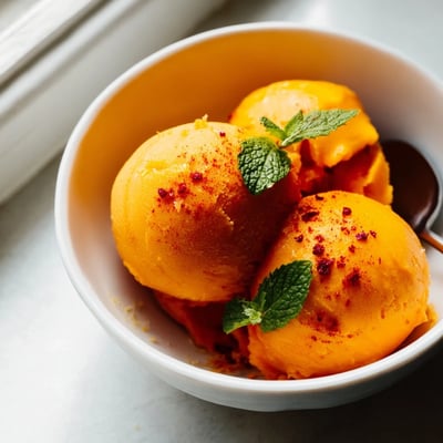 Tropical creamy chili lime mango sorbet glistening with a dusting of red chili powder