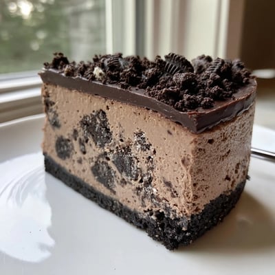 Decadent Oreo chocolate cheesecake slice drizzled with rich ganache and crushed cookie garnish
