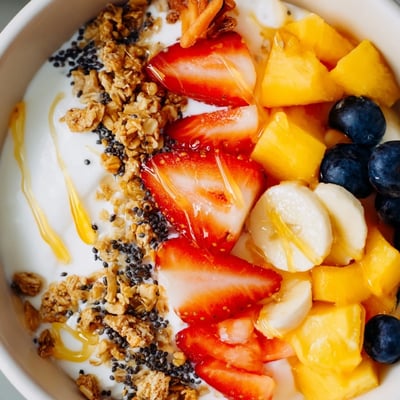 Vibrant yogurt fruit bowl drizzled with honey and sprinkled with chia seeds